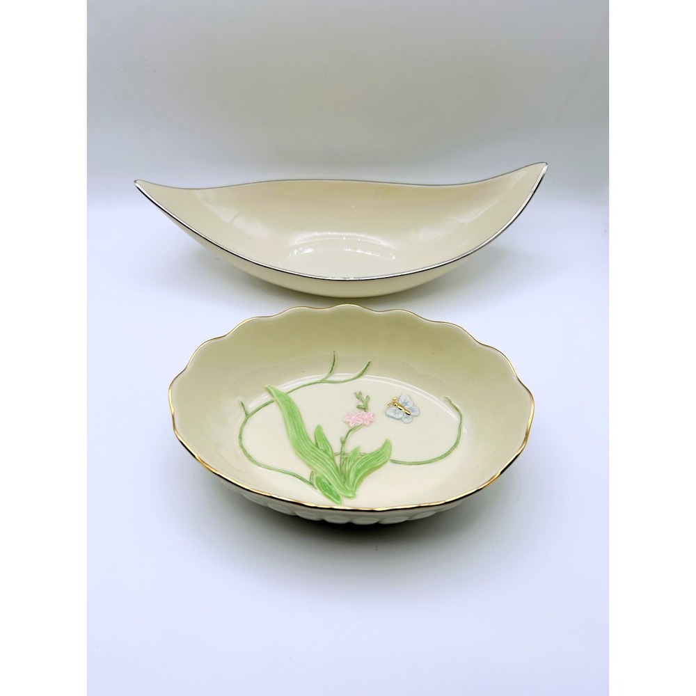 Lenox Ivory China Bowl Set 2 Floral Butterfly Gold Trim & Leaf Silver Trim 8.5"